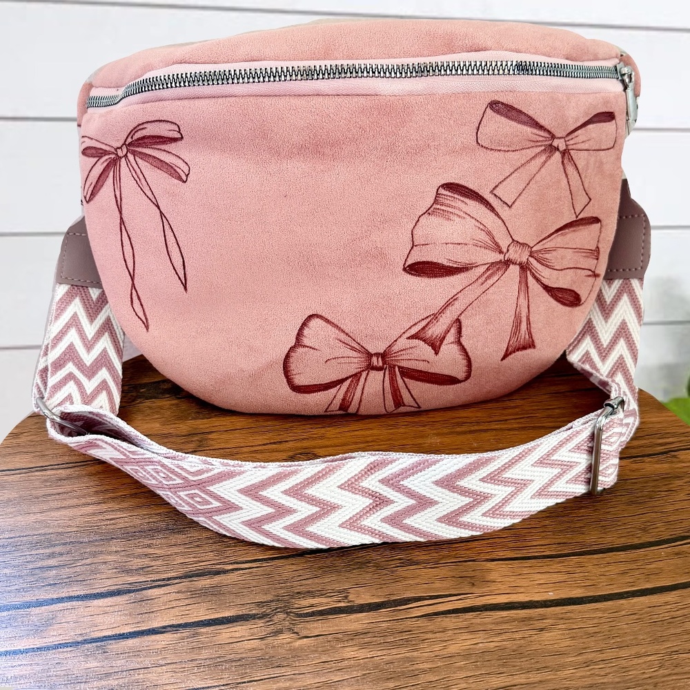 Pink Burned Bows Crossbody Purse, Pink Fanny Pack, Burned Purse